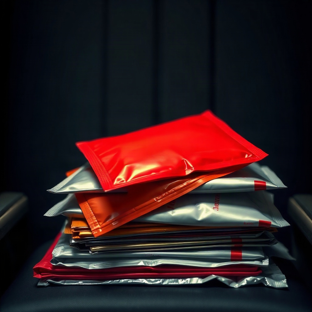 Stack of folded airline plastic packets