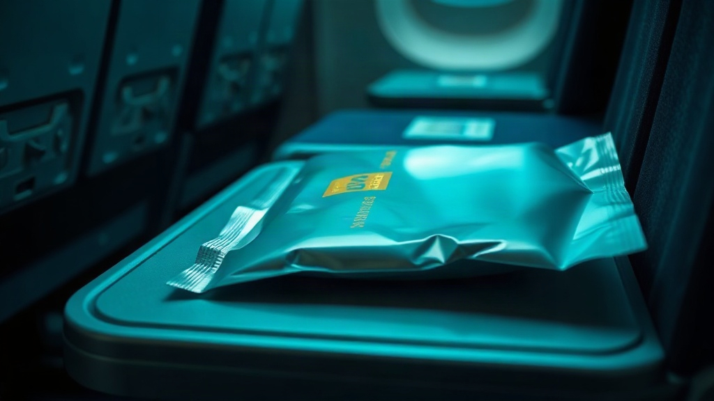 Folded vintage airline seatback packet on a cabin tray table